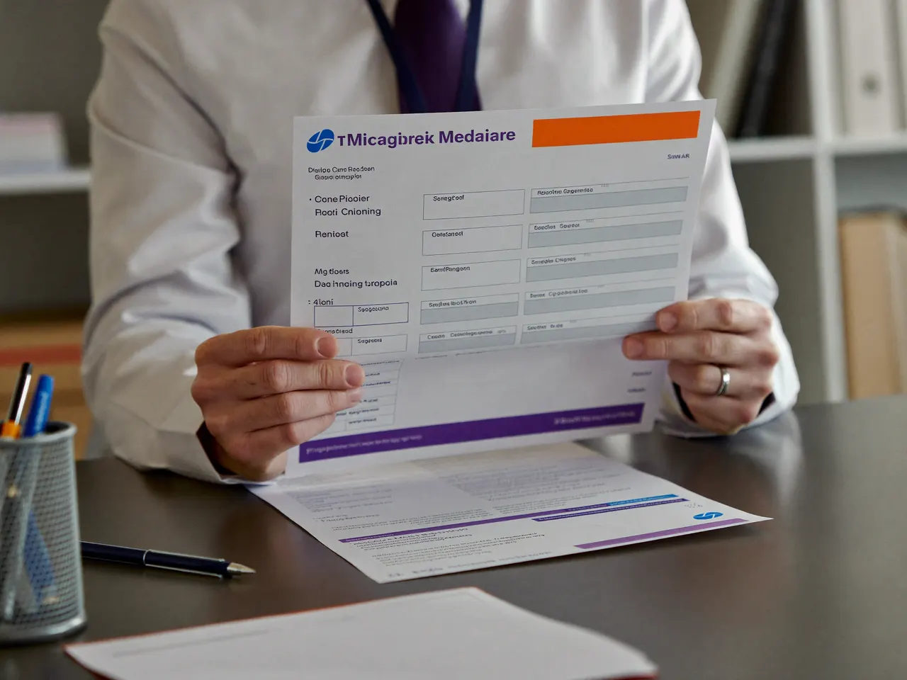 A DME supplier or office manager reviewing Medicare enrollment paperwork at a desk