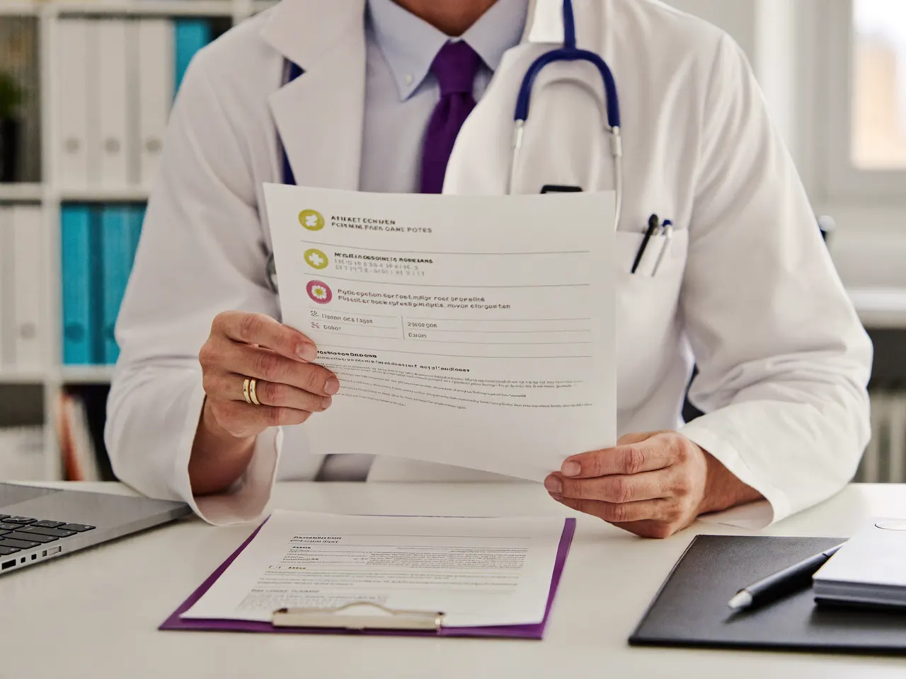 hero — a physician reviewing credentialing and enrollment paperwork at a desk