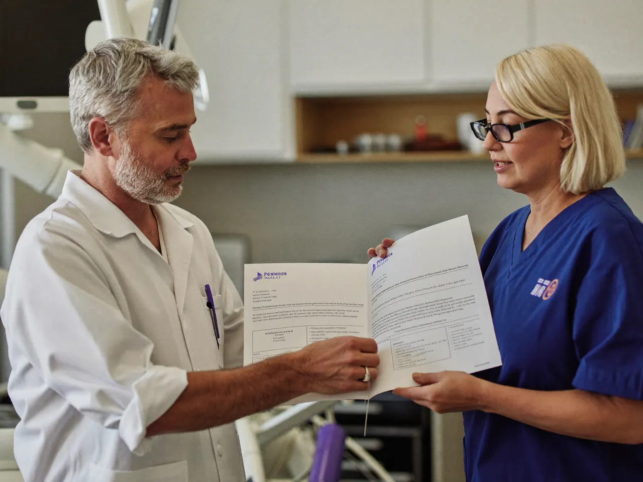 hero — a dentist or practice manager reviewing credentialing and enrollment paperwork at the front desk