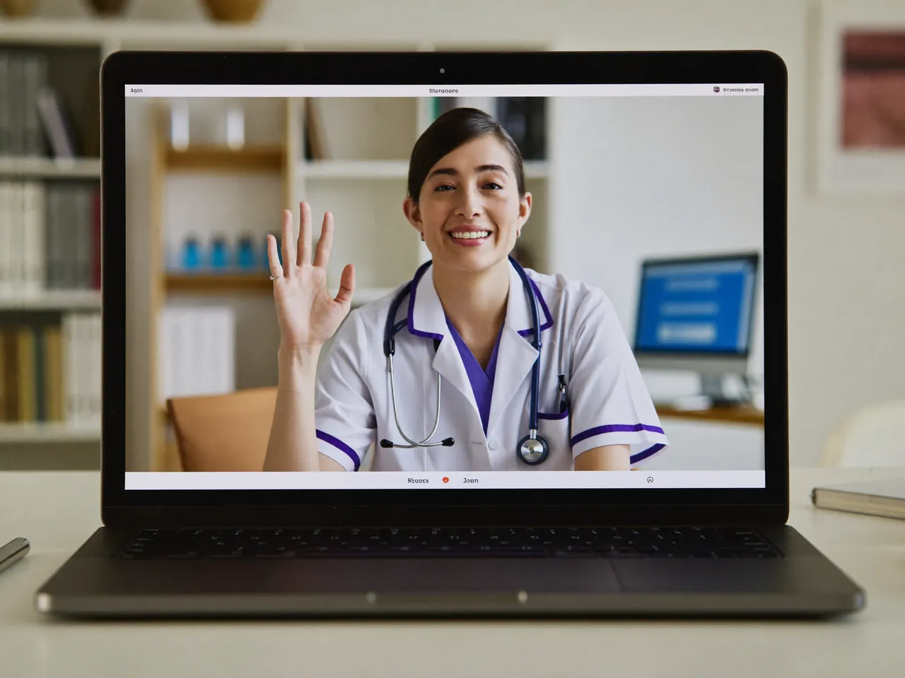 hero — clinician on a video visit with US state outlines behind them