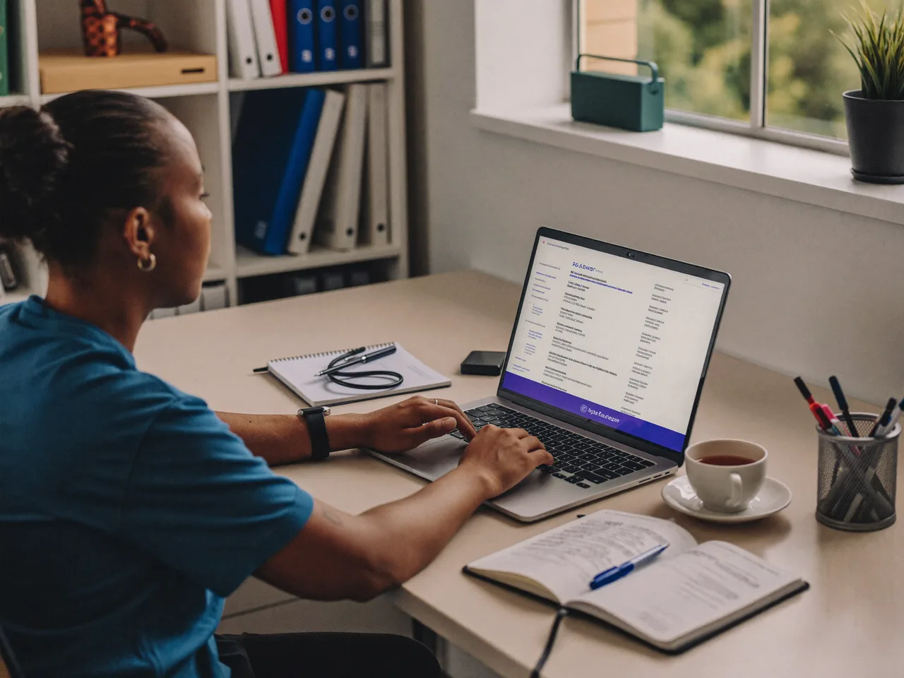 A therapist reviewing insurance panel enrollment on a laptop