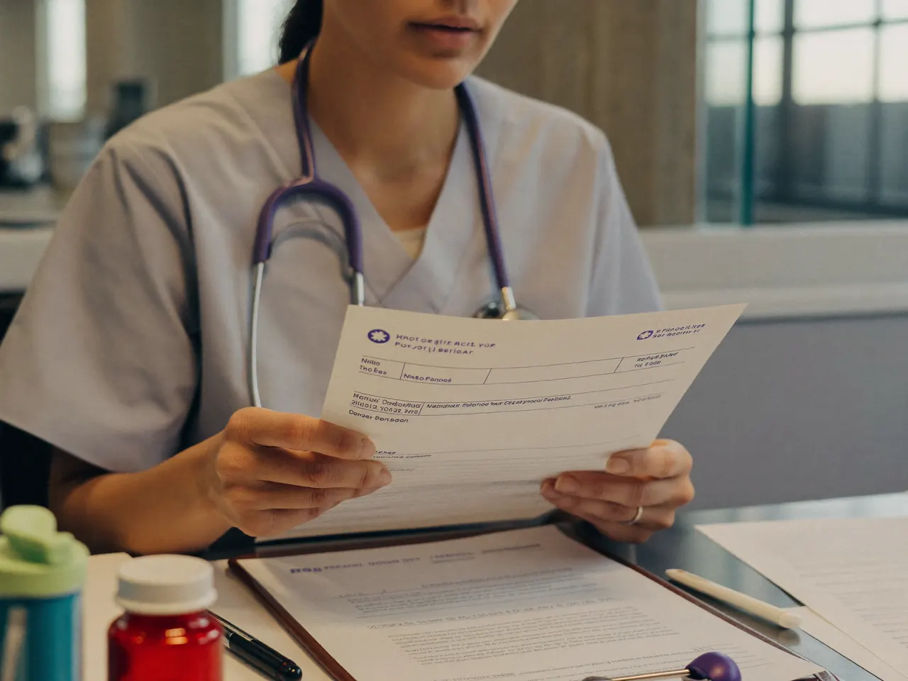 A nurse practitioner reviewing enrollment paperwork at a clinic desk